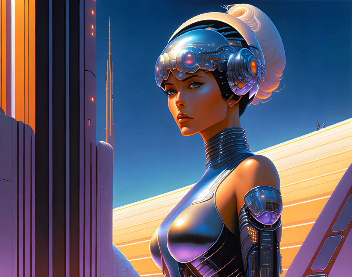 Futuristic female cyborg with advanced headgear in sleek bodysuit against orange cityscape