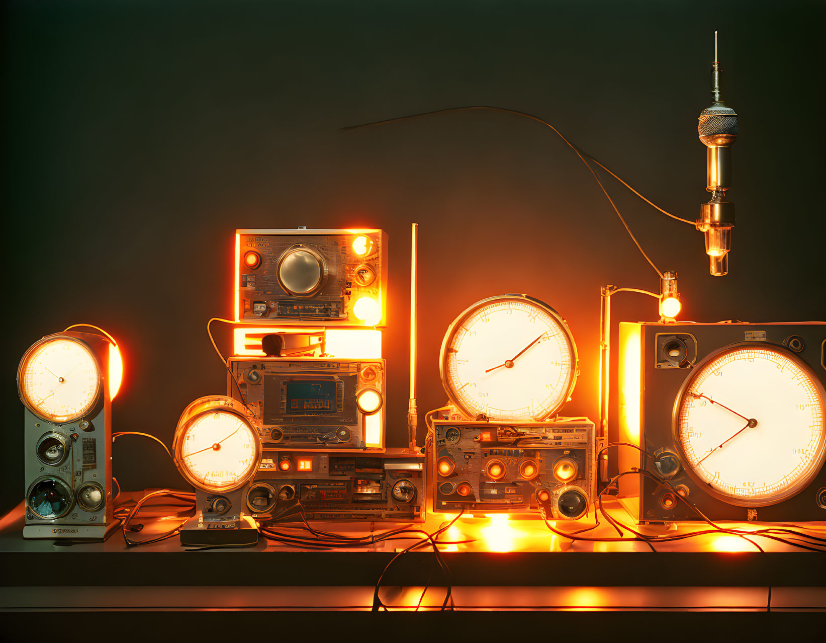 Vintage Electronic Equipment and Gauges with Warm Backlighting and Red-Glowing Tower Sculpture