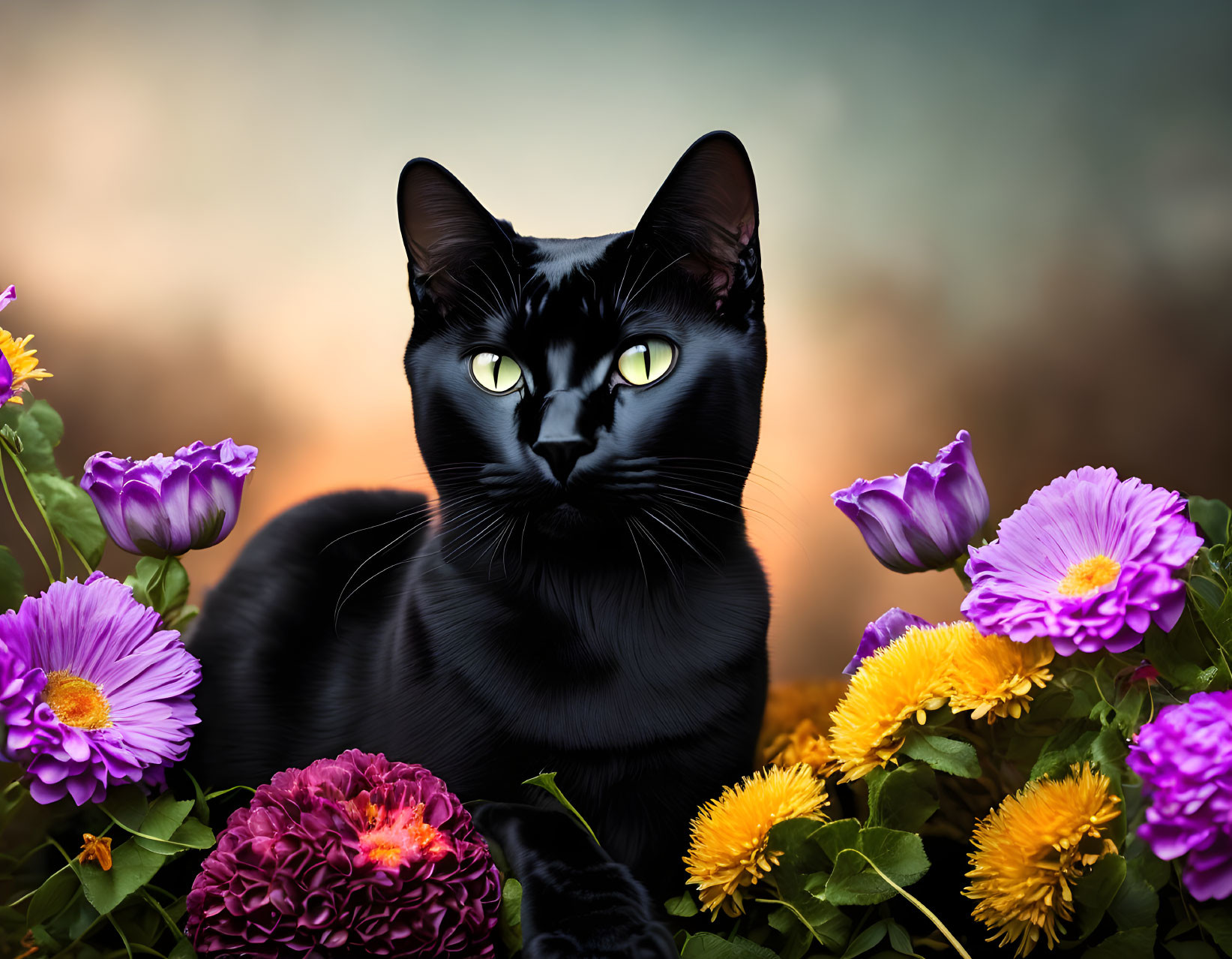 Black Cat with Yellow Eyes Among Colorful Flowers in Sunset Scene