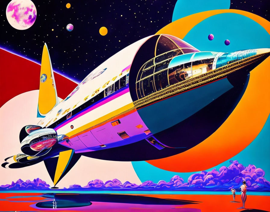 Colorful retro-futuristic spaceship landing on vibrant alien landscape