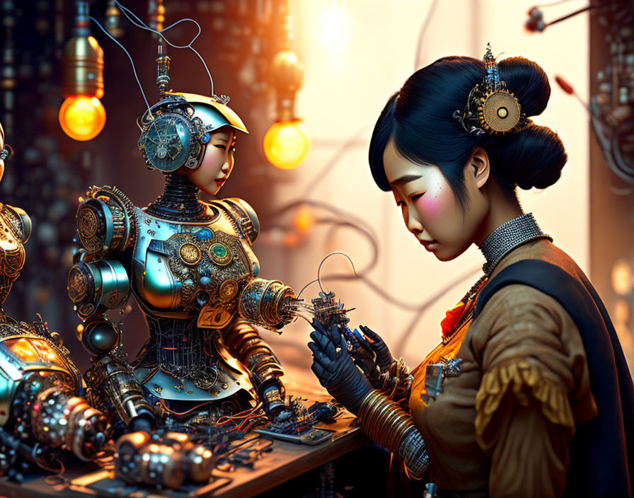 Digital Artwork: Traditional Asian Woman with Steampunk Robot amid Machinery