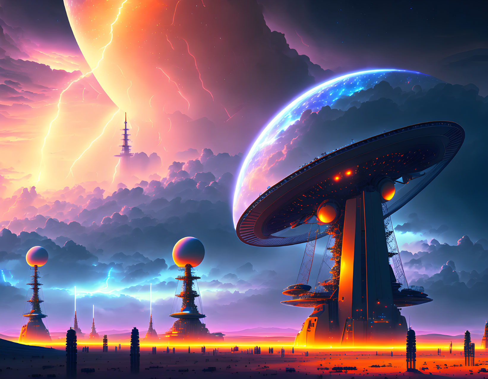 Alien structures and ringed planet in futuristic landscape.