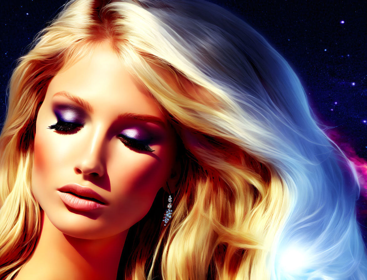 Vibrant digital portrait of woman with blonde hair and purple eyeshadow against cosmic backdrop