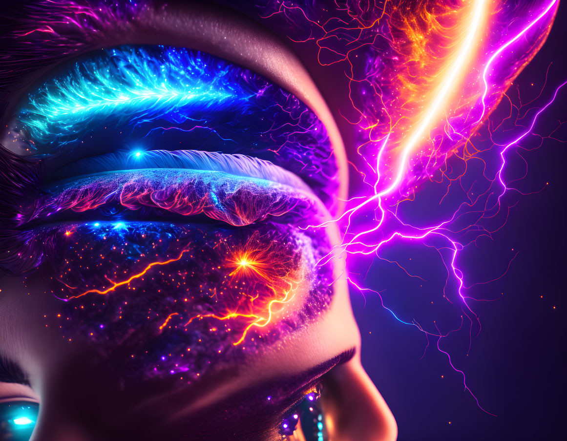 Vibrant cosmic energy close-up with lightning bolts in eyes and eyebrows