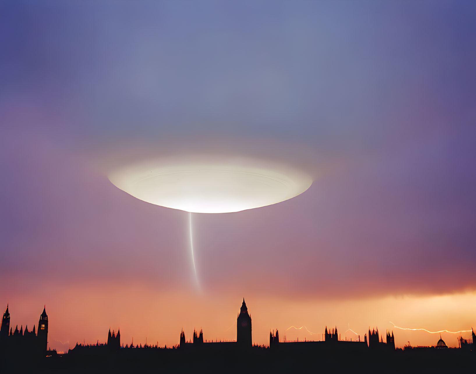 Silhouette of London skyline with large UFO emitting light