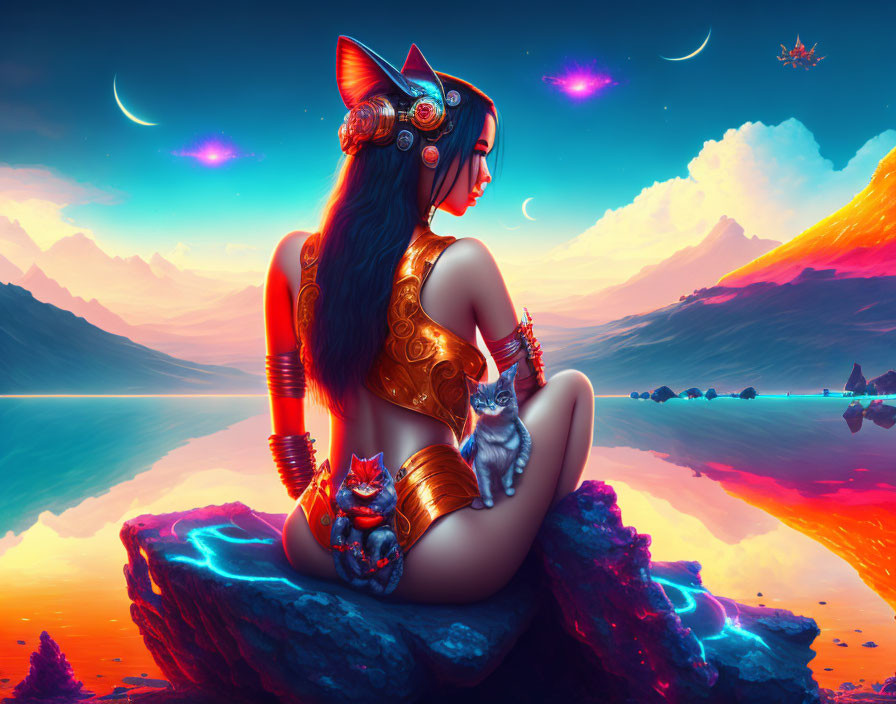 Fantastical artwork: Woman with cat ears holding kitten in surreal landscape