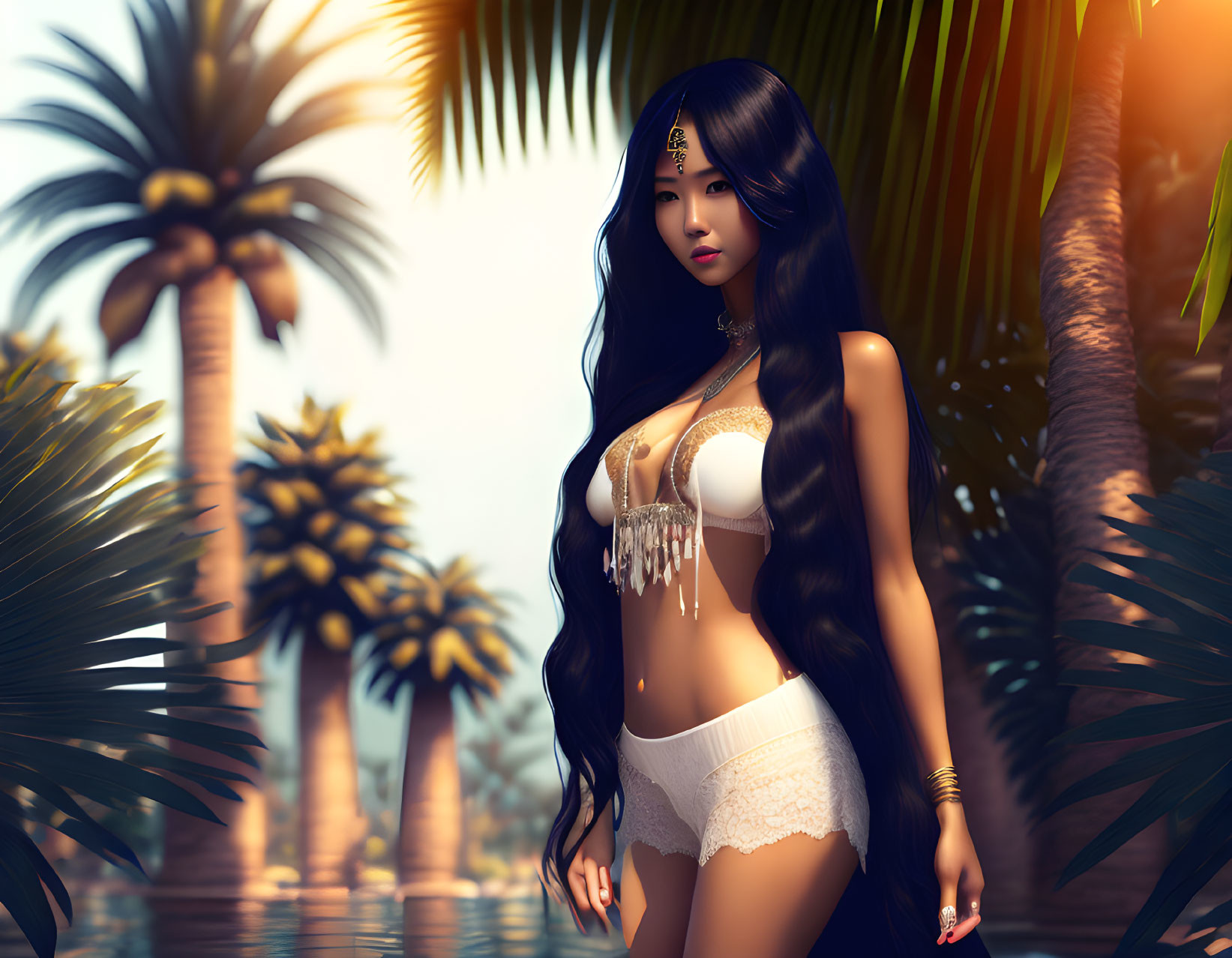 Digital artwork of woman in white lingerie among palm trees at sunset