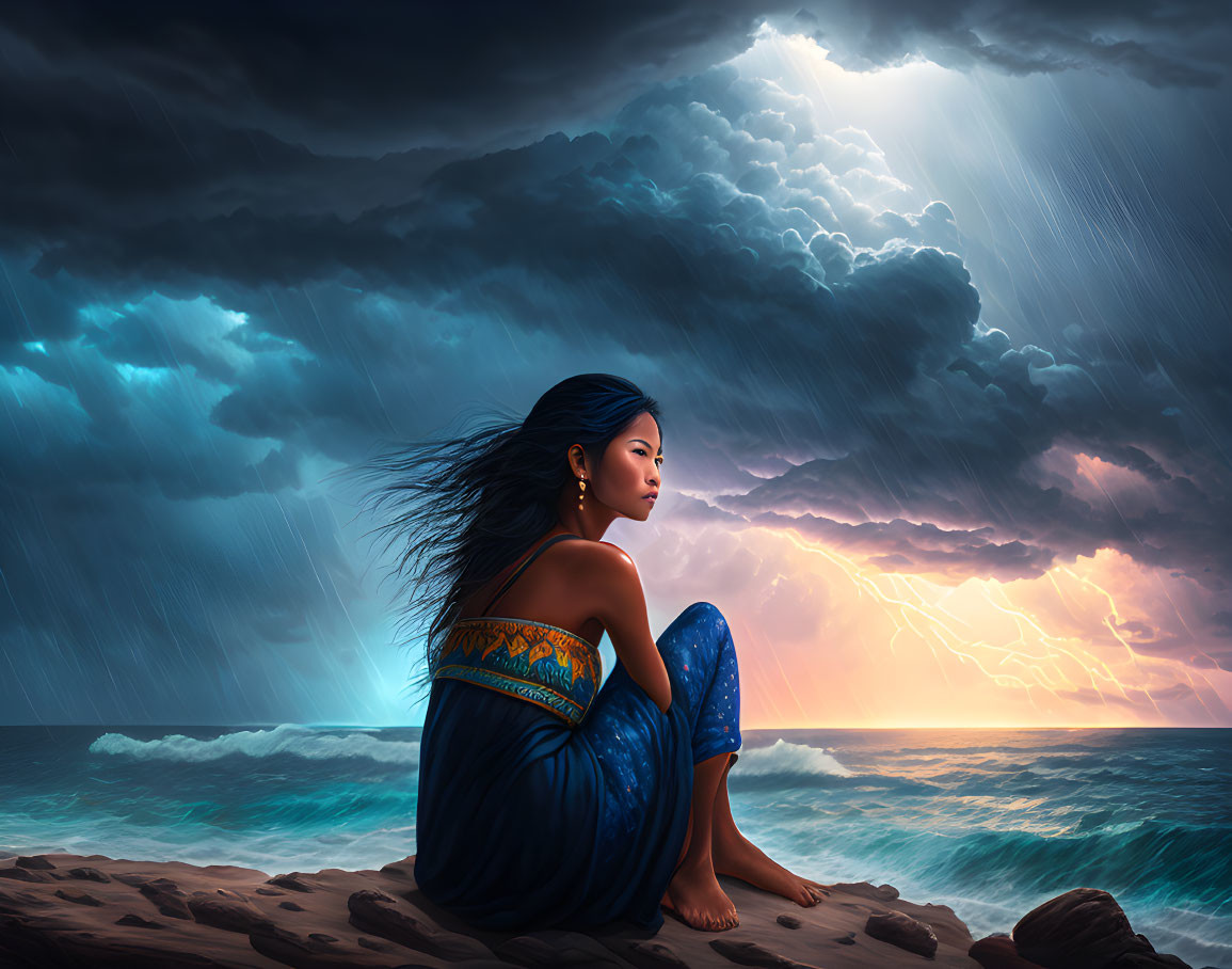 Woman in Blue Dress Contemplates Stormy Ocean Scene