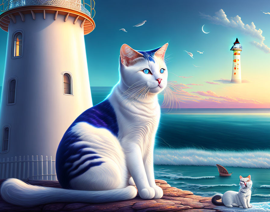 Blue-eyed cat on rock by lighthouse at dusk with ocean, second cat, and birds