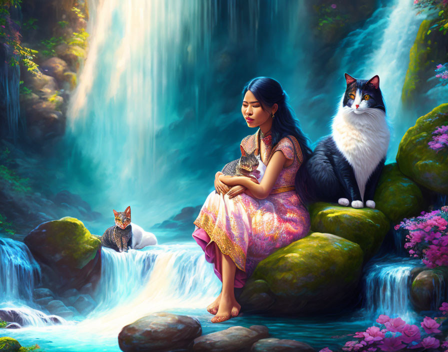 Fantasy Artwork: Woman in Traditional Attire by Waterfall with Cats