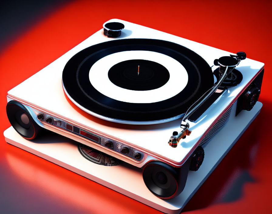 Black Vinyl Record on Modern Turntable with Built-in Speakers