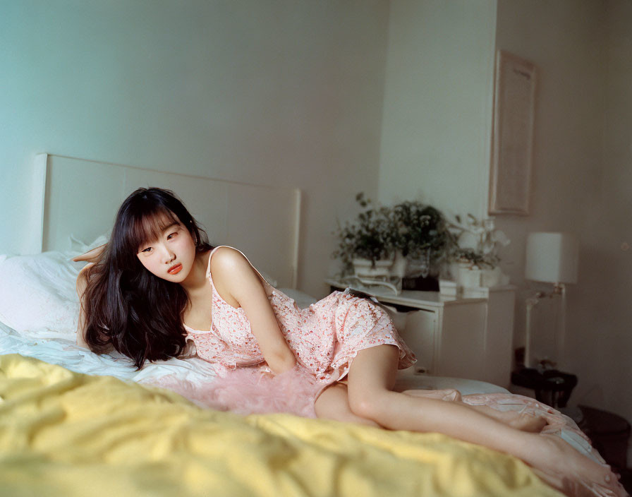 Woman in Floral Dress Lying on Bed with Yellow Sheets