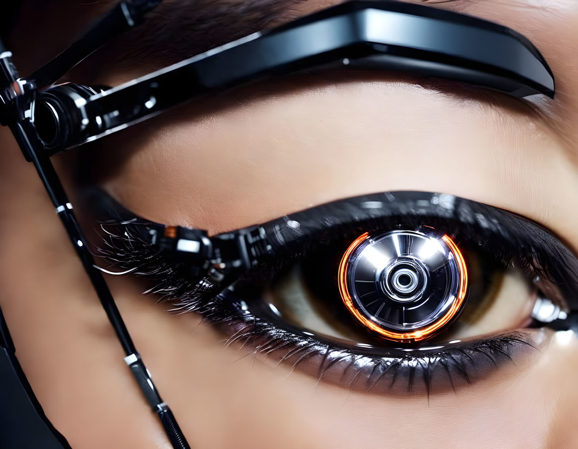 Person with Cybernetic Eye Implant and Black Headgear in Close-Up Shot