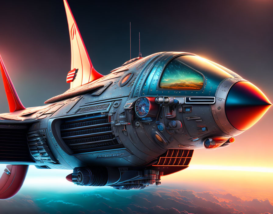 Detailed futuristic spacecraft with sleek design and jet propulsion against sunset sky.