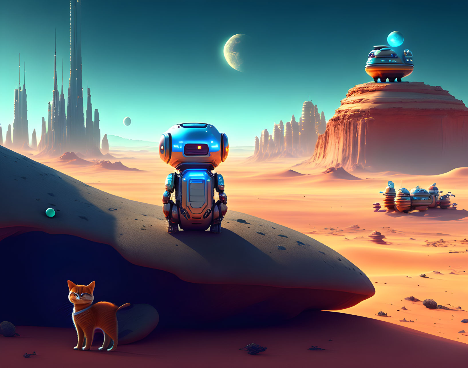 Robot and cat in futuristic alien cityscape with multiple moons