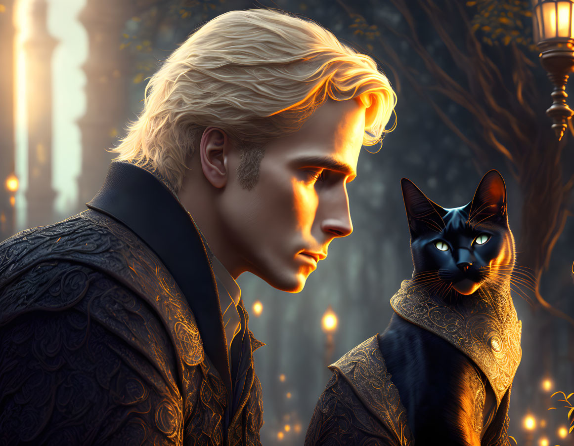 Blonde man and black cat digital portrait with blue eyes in golden light