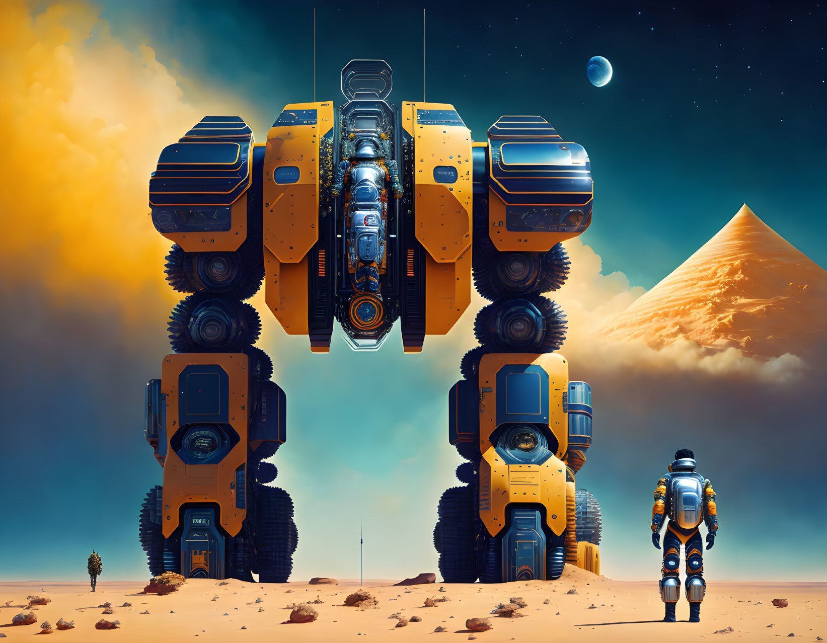 Person in advanced spacesuit on desert planet with yellow mechs, pyramid, and starry sky.