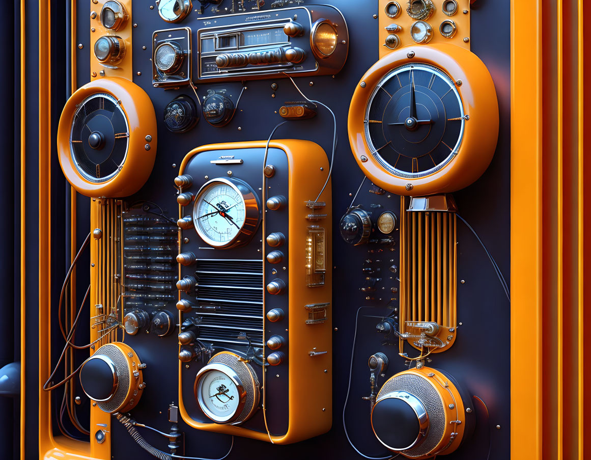 Vibrant Orange and Blue Retro-Futuristic Control Panel