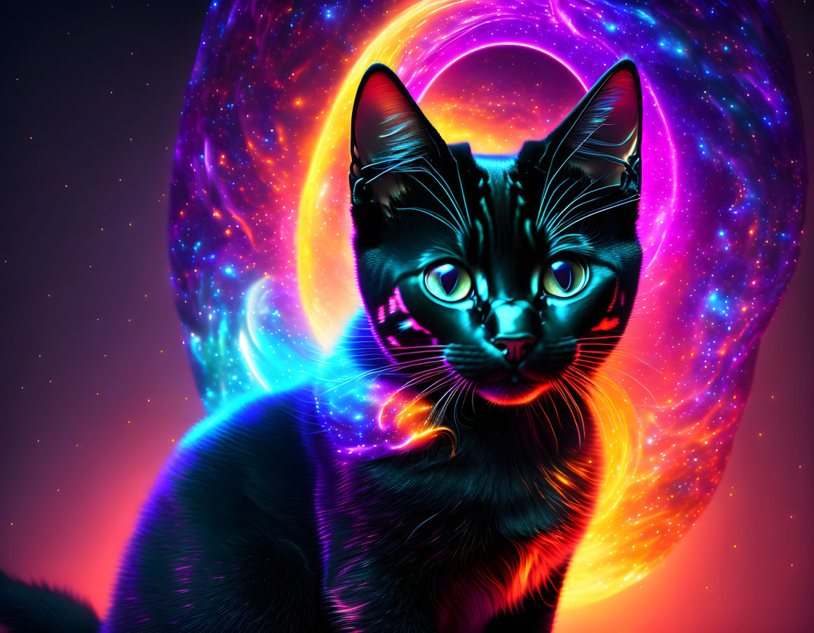 Colorful Digital Art: Black Cat with Neon Outlines on Cosmic Background