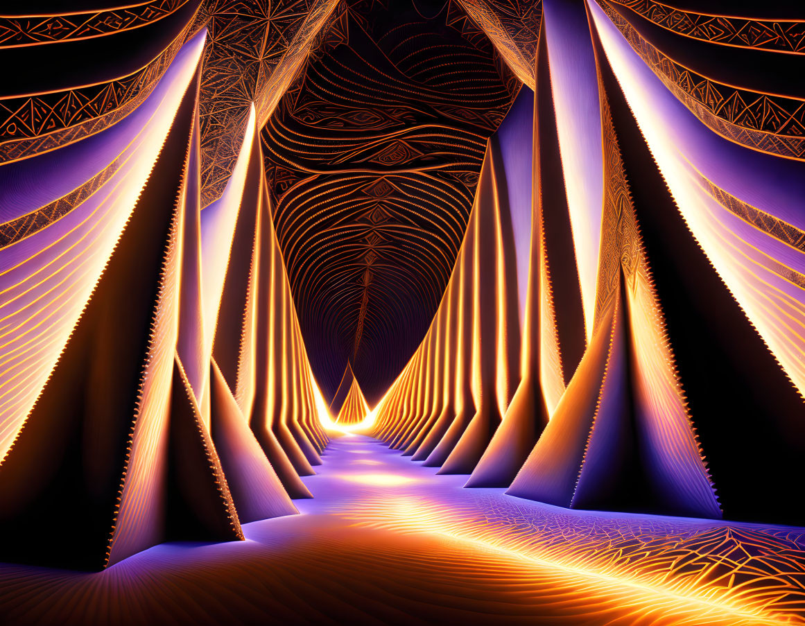 Vivid abstract image of orange and purple illuminated corridor