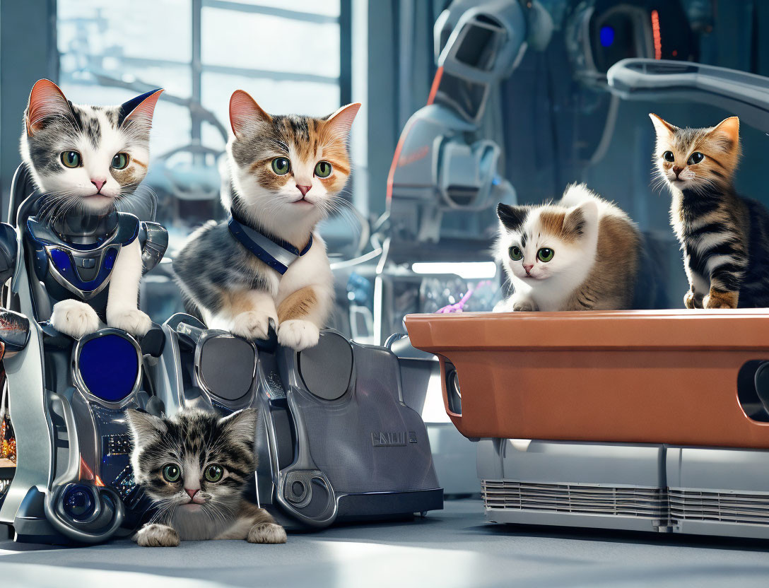 Five expressive animated kittens playing among futuristic robotic equipment in a high-tech setting