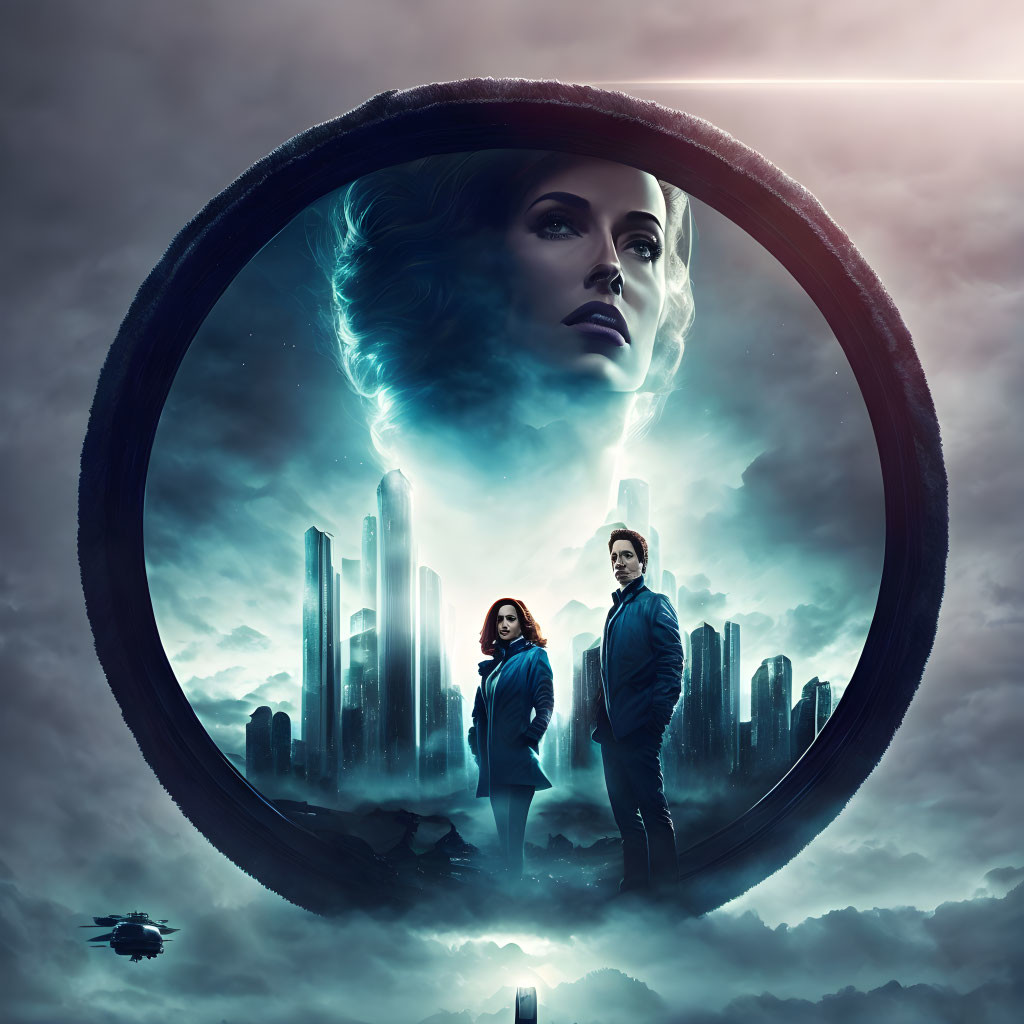 Futuristic poster featuring two people, cityscape, female face overlay in circle, dramatic sky.