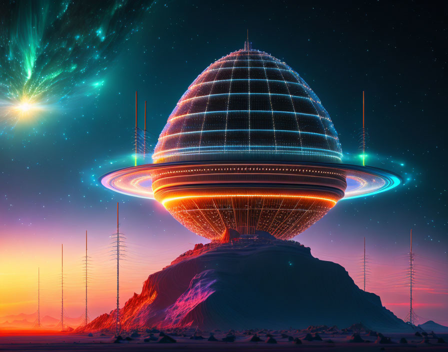 Futuristic city with dome-shaped structure on mountain under starry sky