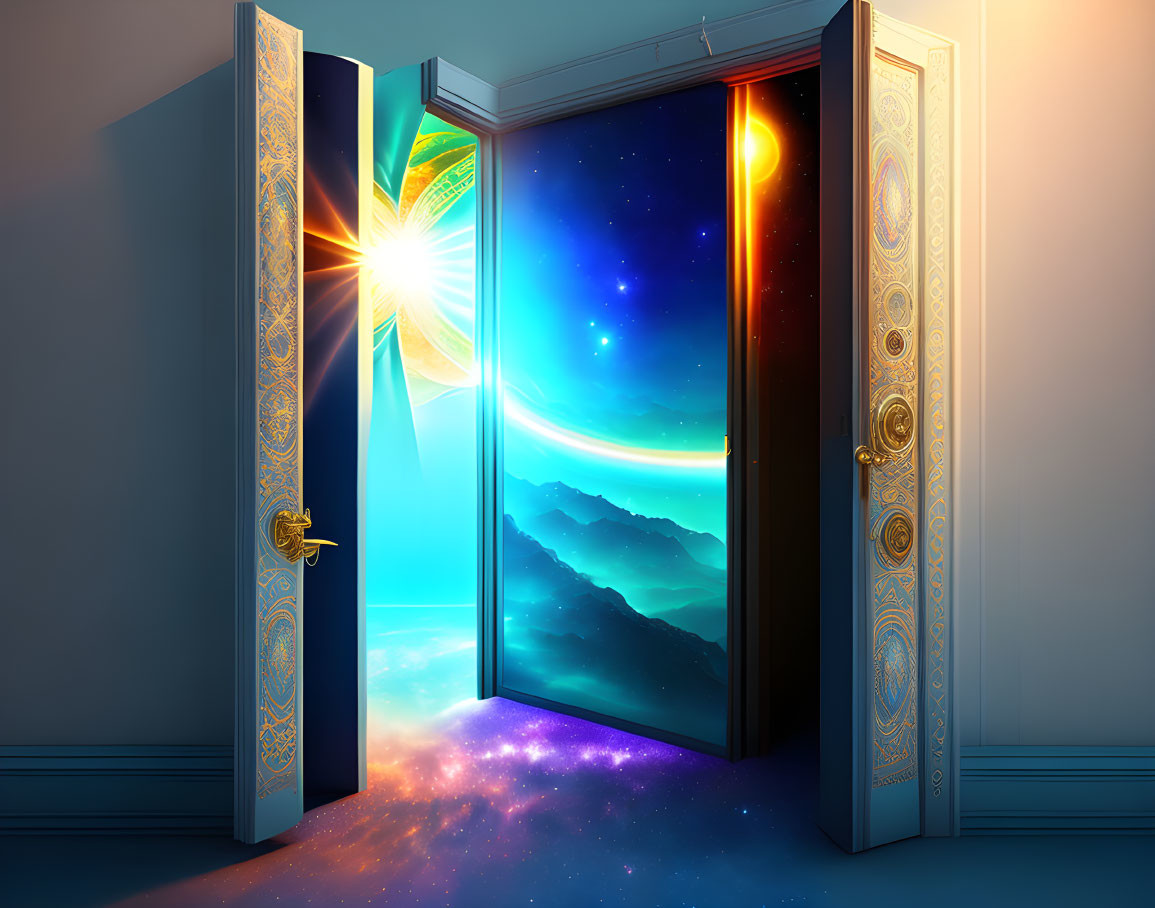 Vibrant cosmic scene through an open door: starry sky and mountain range.