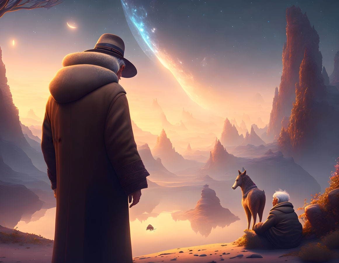 Person and dog gaze at comet in surreal reddish landscape