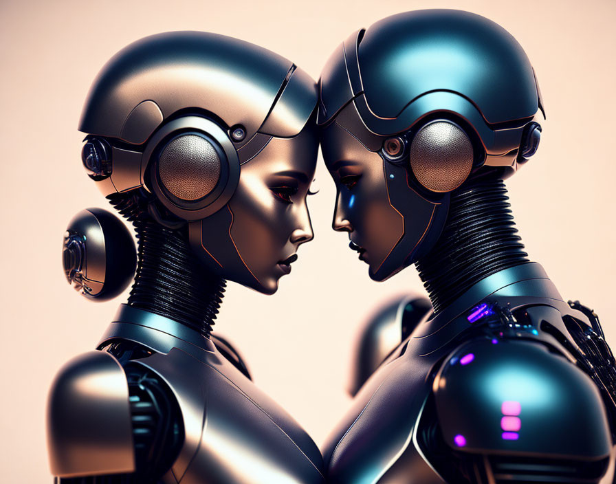 Detailed human-like robots in intimate connection.