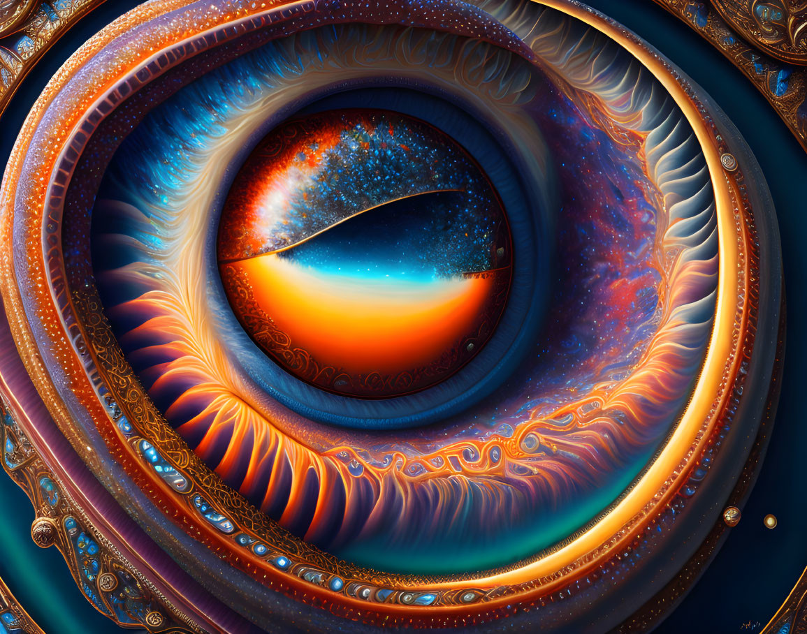 Vibrant surreal digital artwork of intricate eye patterns and cosmic reflection