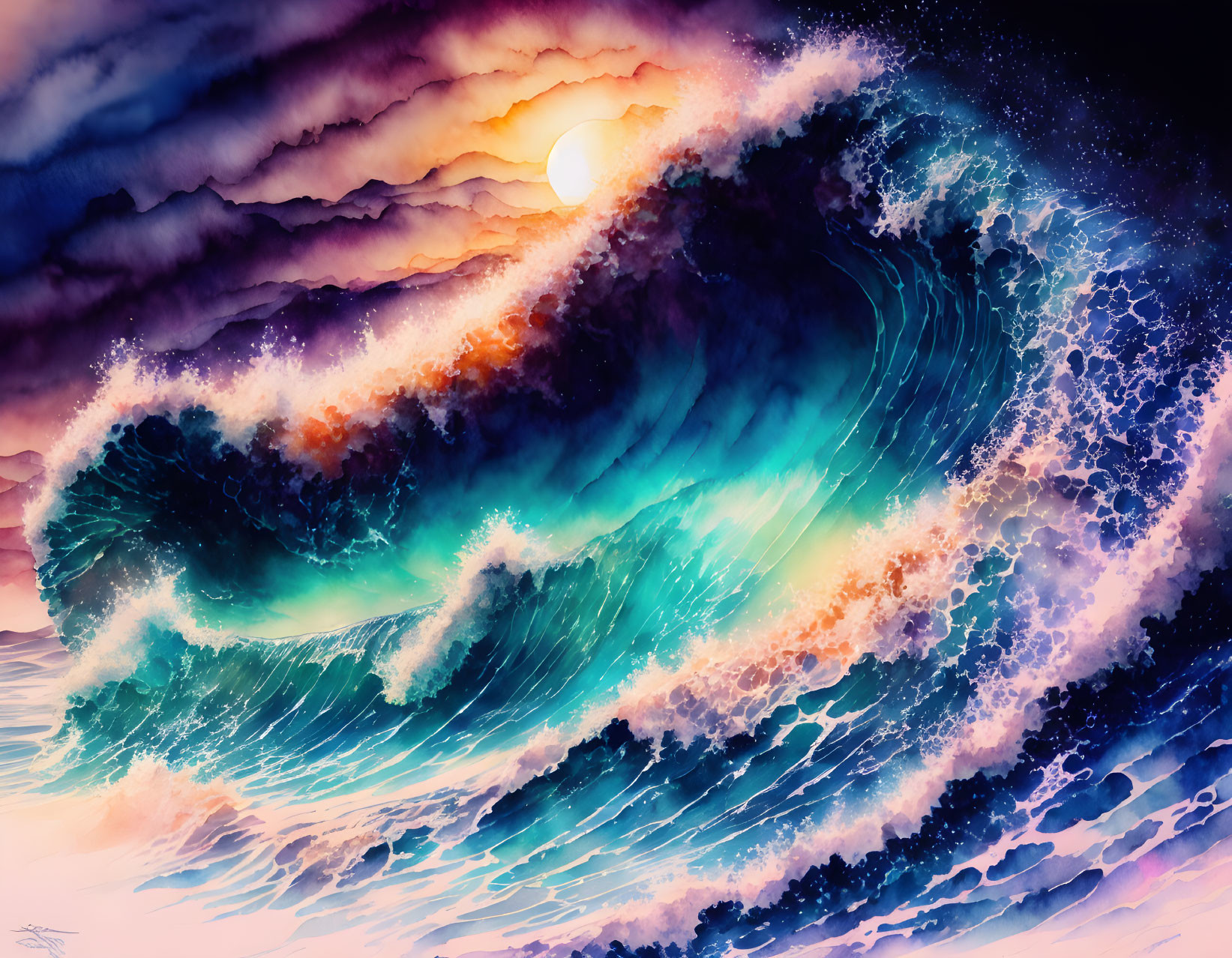 Colorful digital art: Large ocean wave under moonlit sky