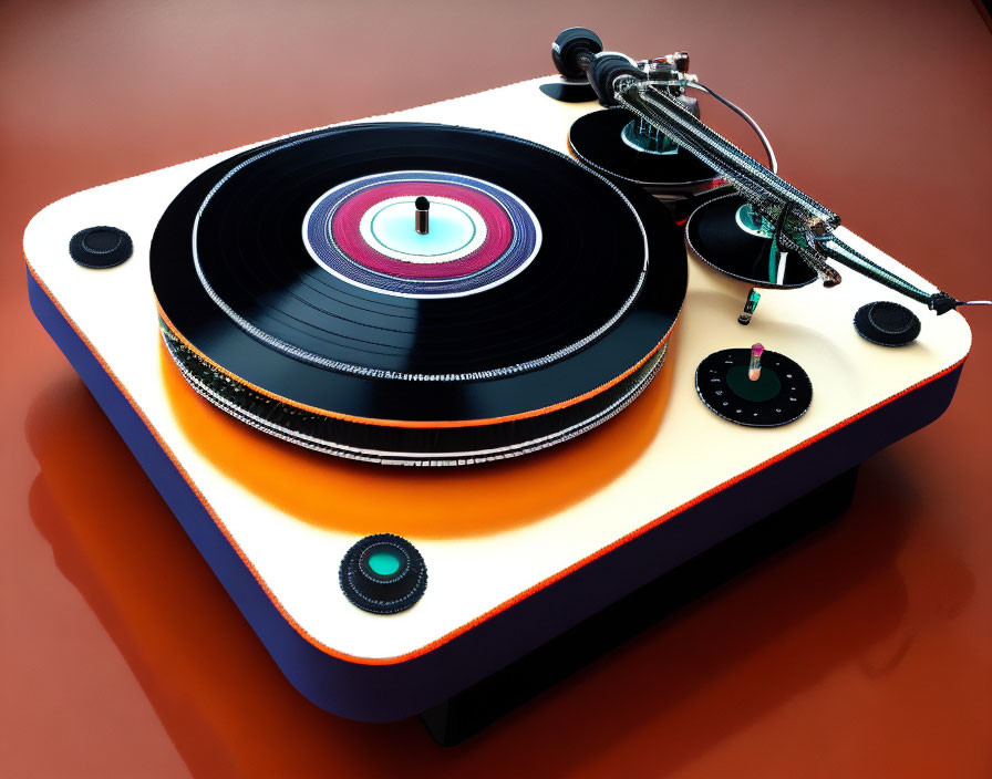 Sleek Orange and White Modern Turntable Playing Vinyl Record