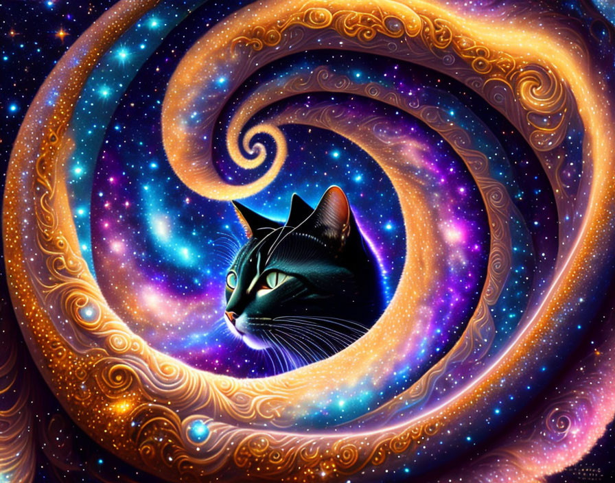 Colorful Artwork: Black Cat in Cosmic Spiral with Golden Patterns