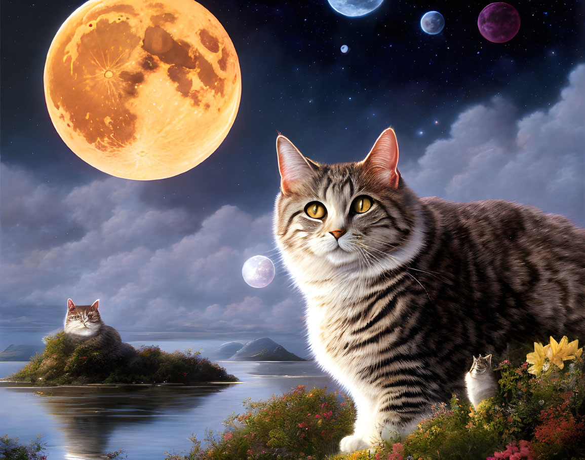 Surreal illustration of large and small cats on island with multiple moons