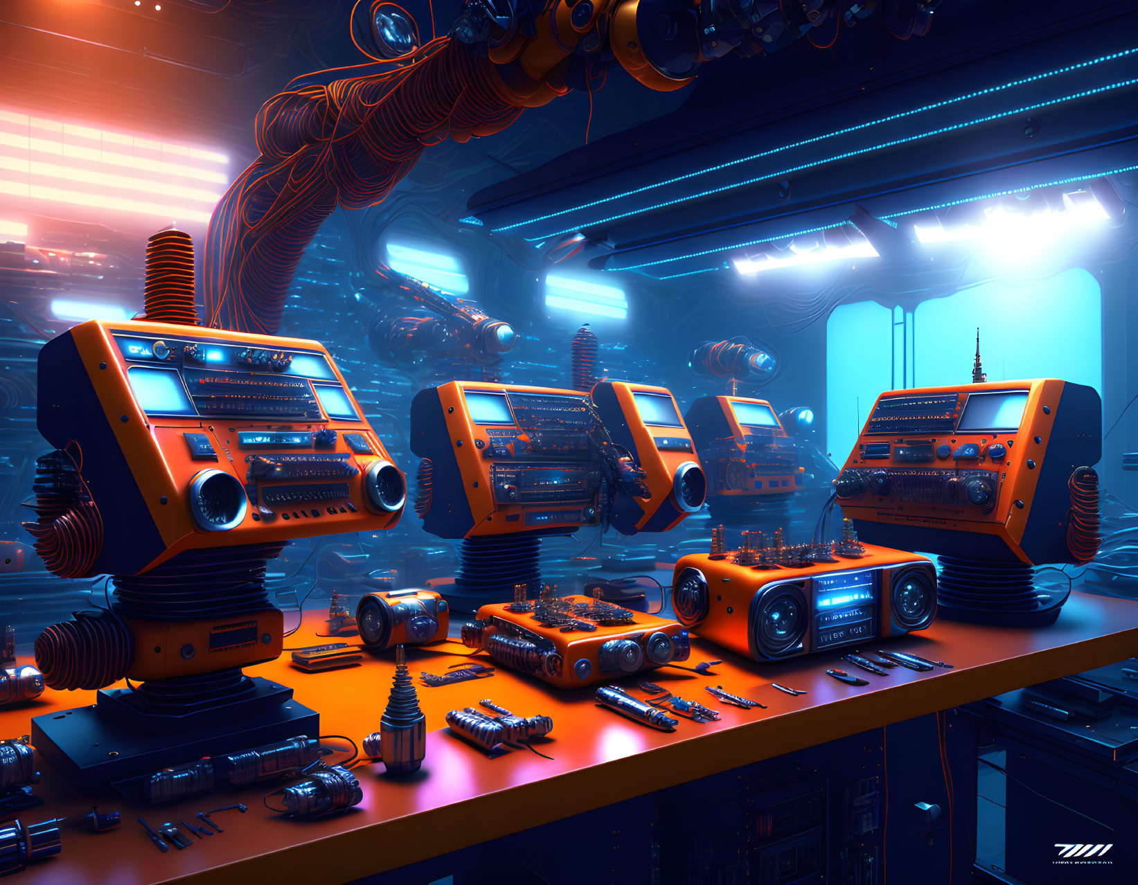 Futuristic Orange Machinery in High-Tech Environment