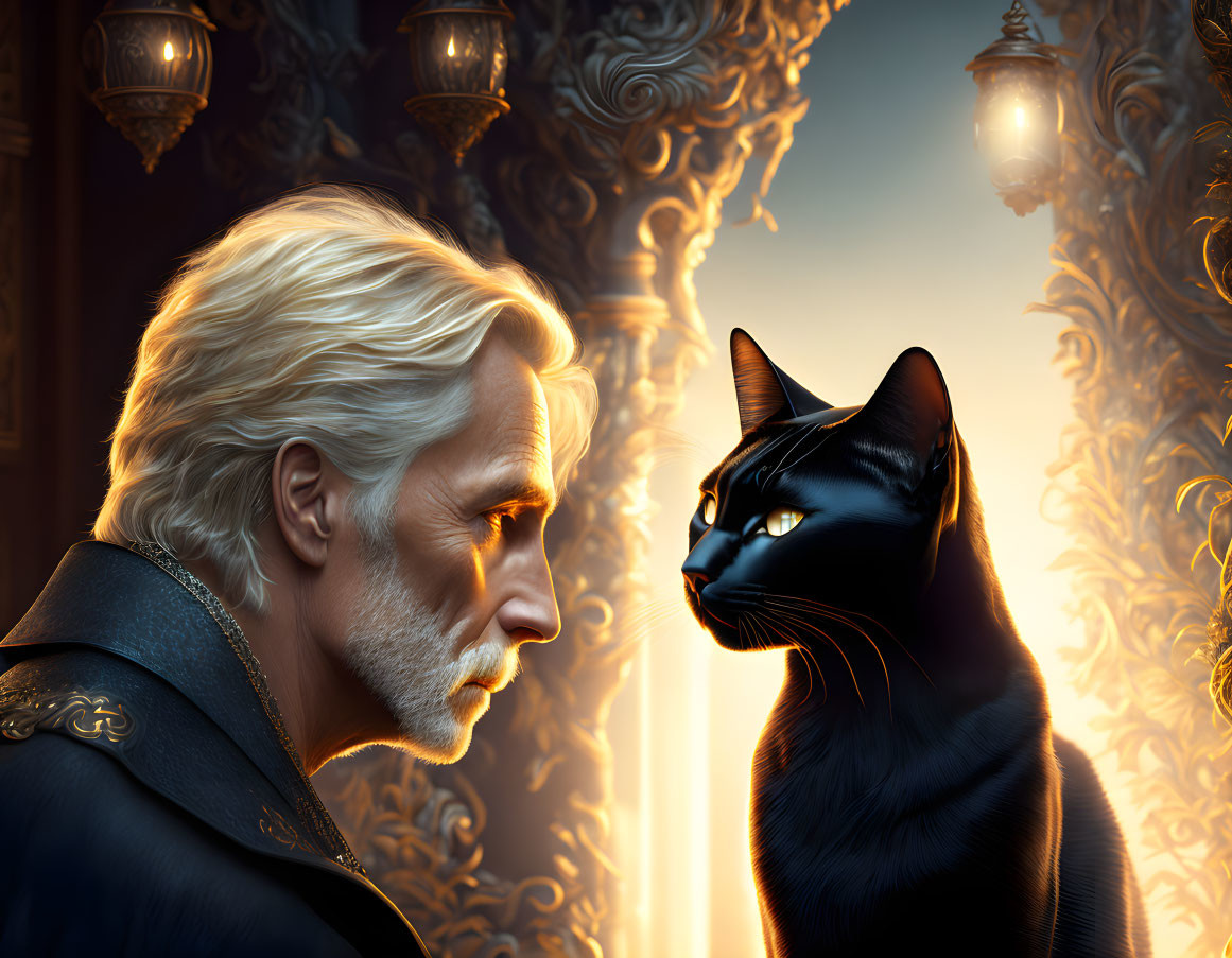 Elder man with white hair and black cat in profile against ornate, golden-lit background