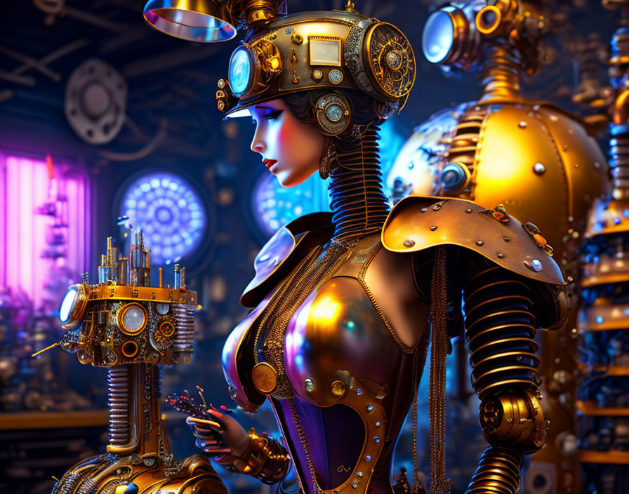 Detailed 3D steampunk female character with mechanical elements