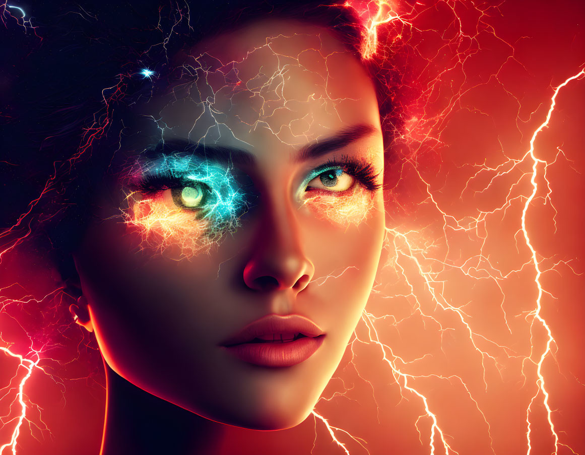 Digital Art Portrait of Woman with Blue Eyes and Red Lightning Bolts