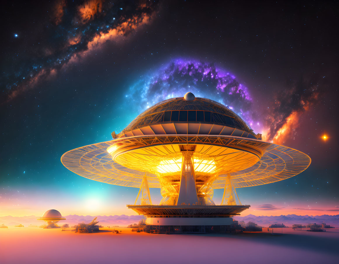 Futuristic radio telescope with galaxy backdrop at dusk