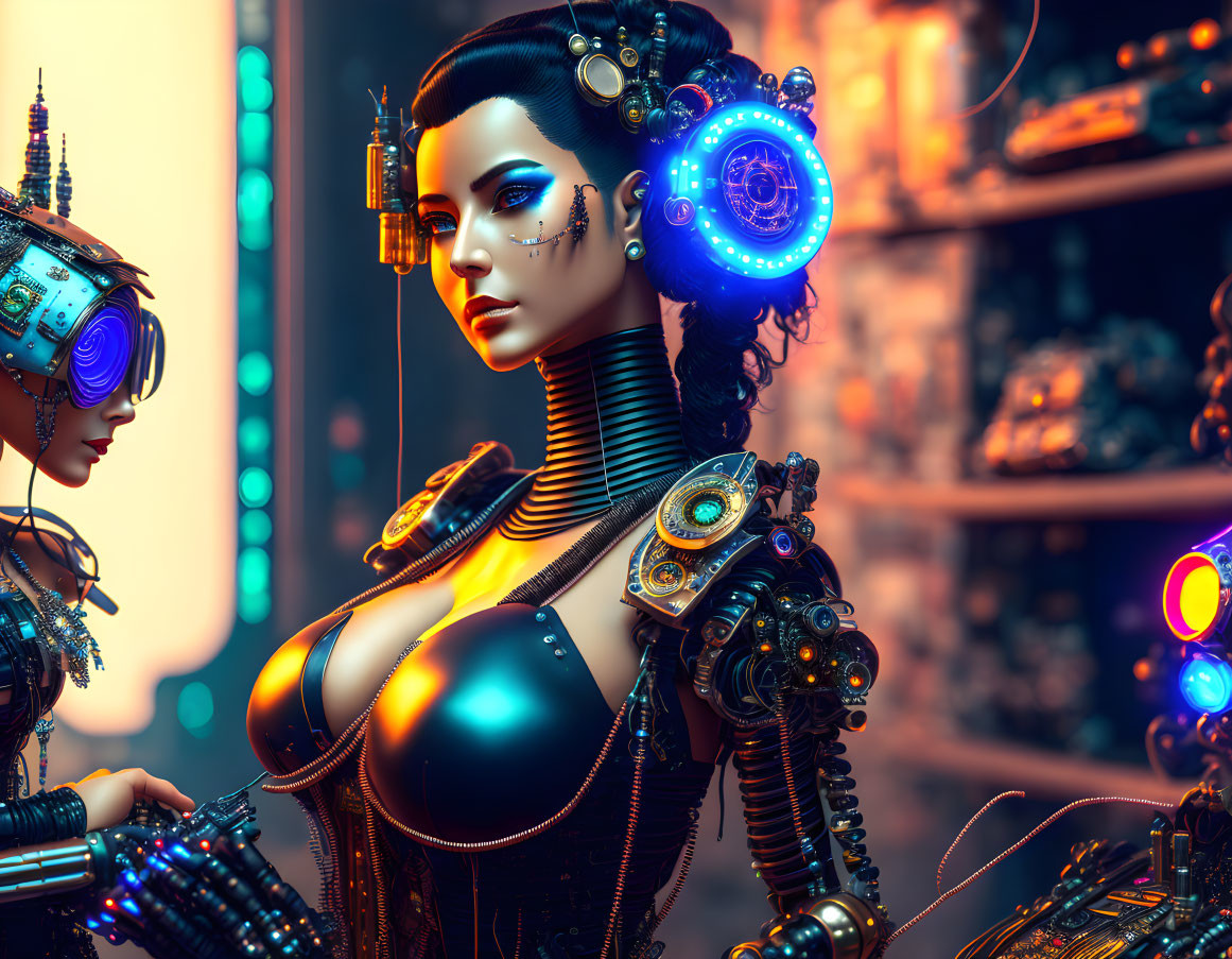 Futuristic Cyberpunk Art: Two Female Characters with Intricate Mechanical Details