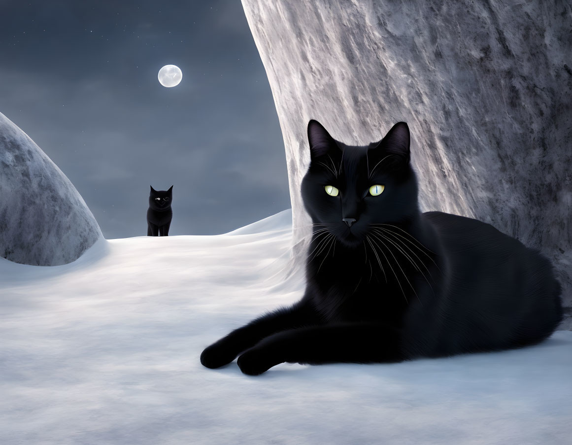 Two black cats with yellow eyes in snowy night scene.