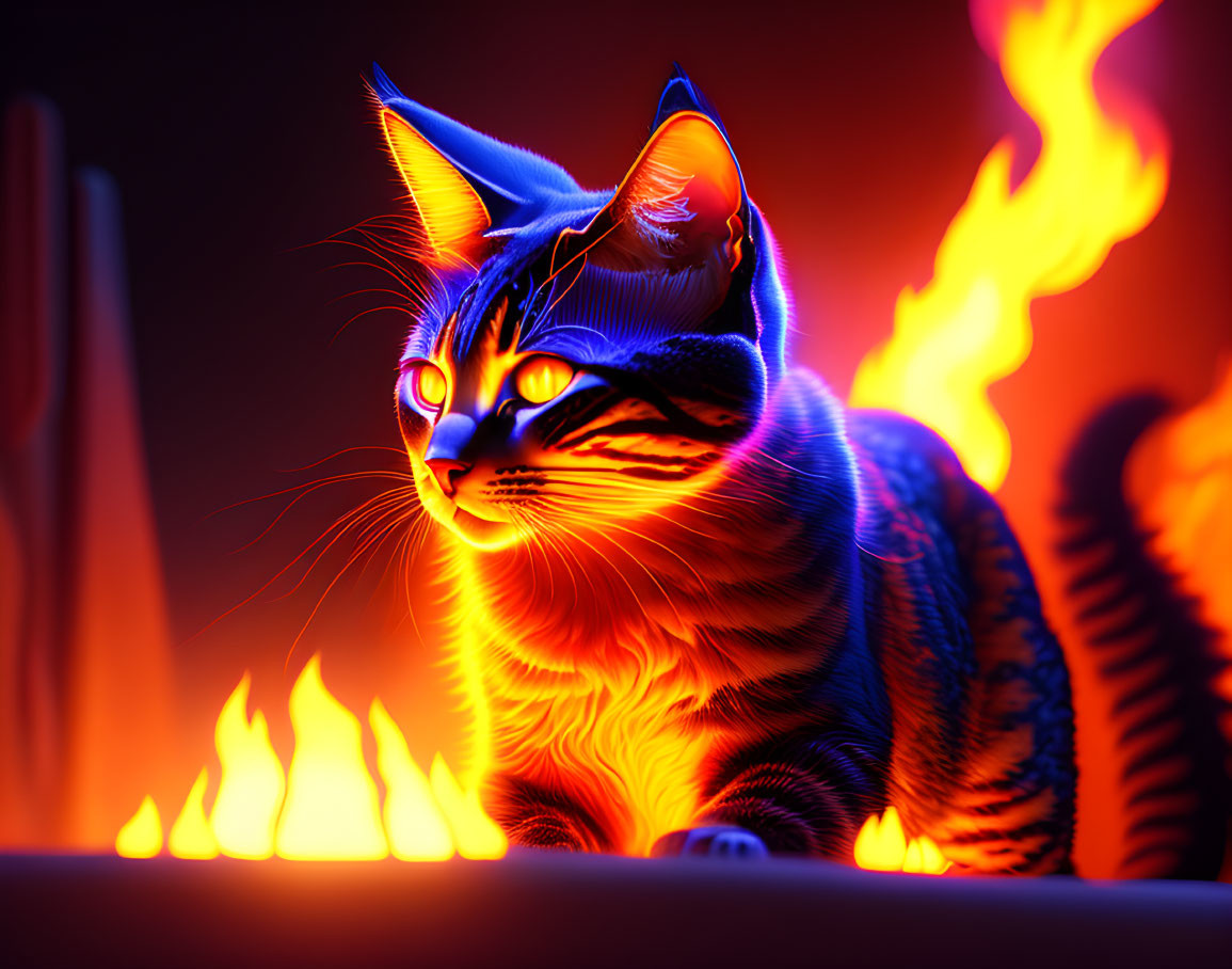 Neon-lit striped cat with intense gaze on fiery red backdrop