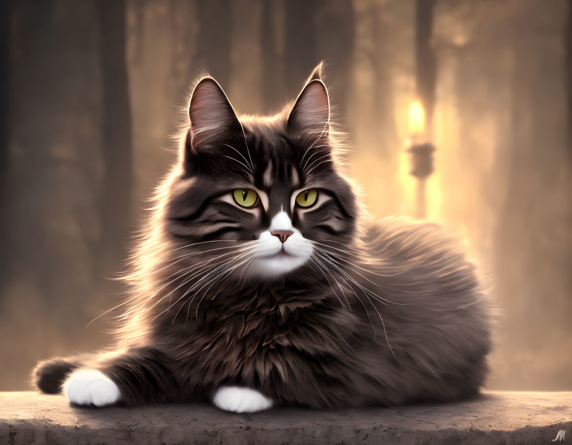 Long-haired cat with green eyes by softly lit lantern