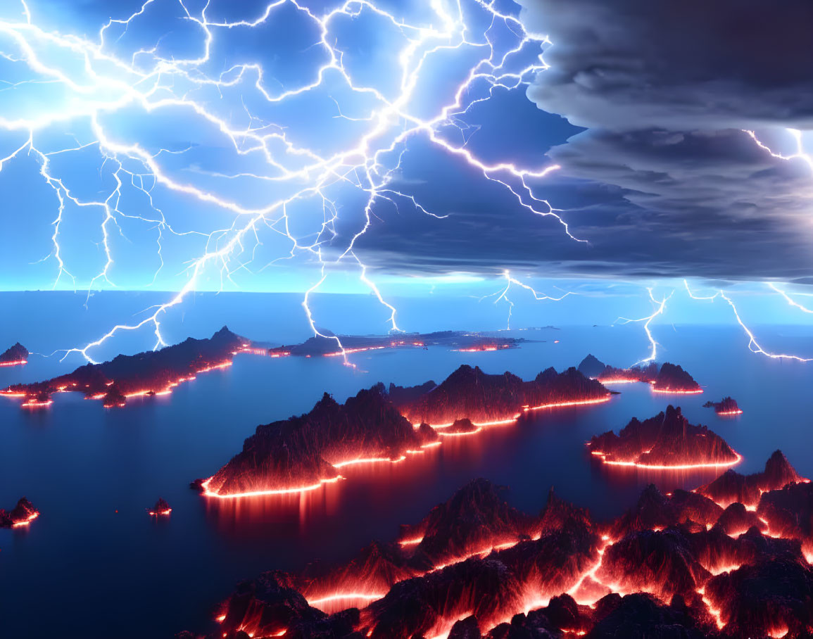 Multiple lightning strikes over dark volcanic ocean landscape.