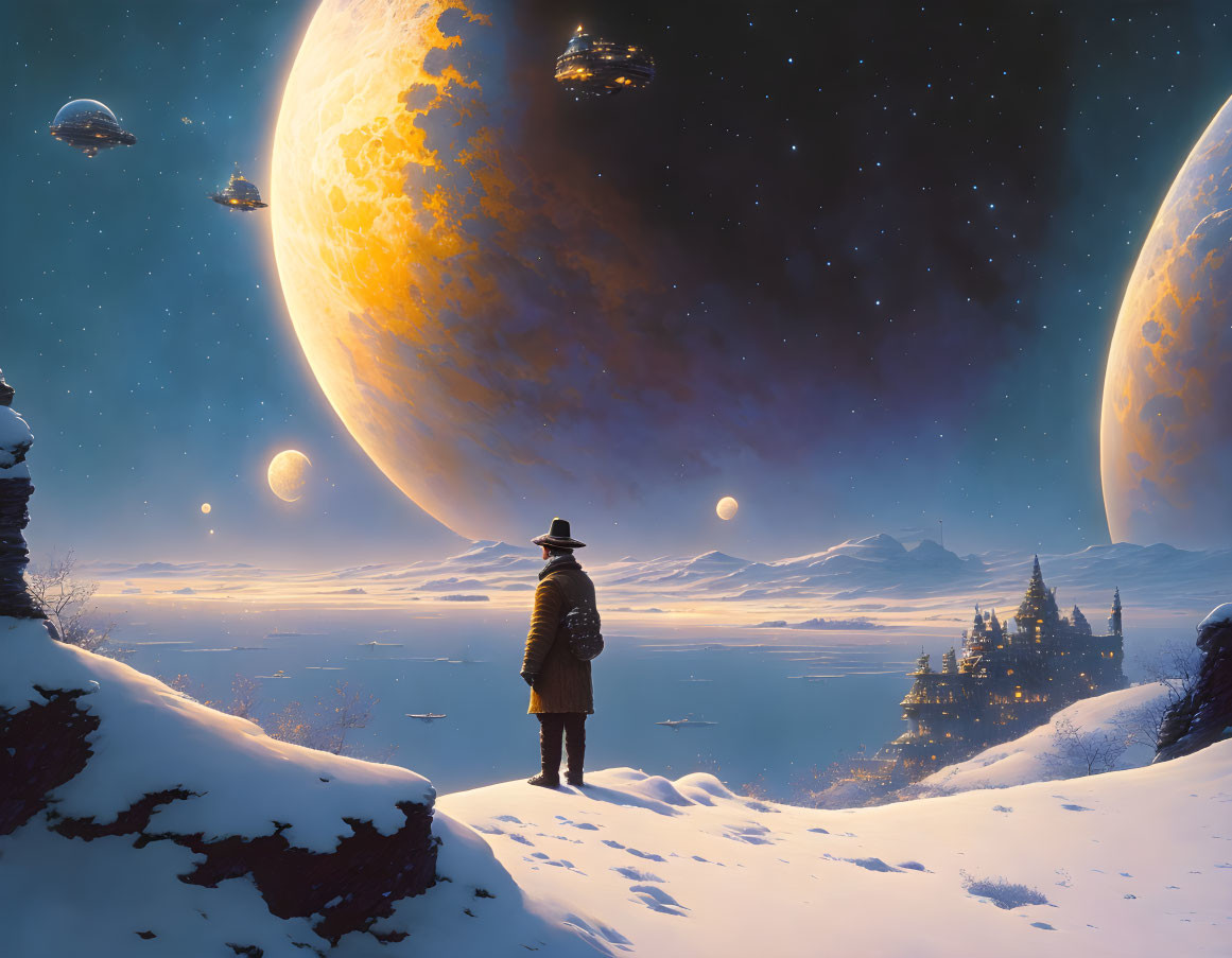 Person in coat and hat gazes at alien landscape with planets and spaceships