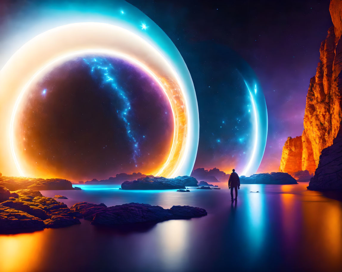 Person admires glowing celestial rings above rocky cliffs at night