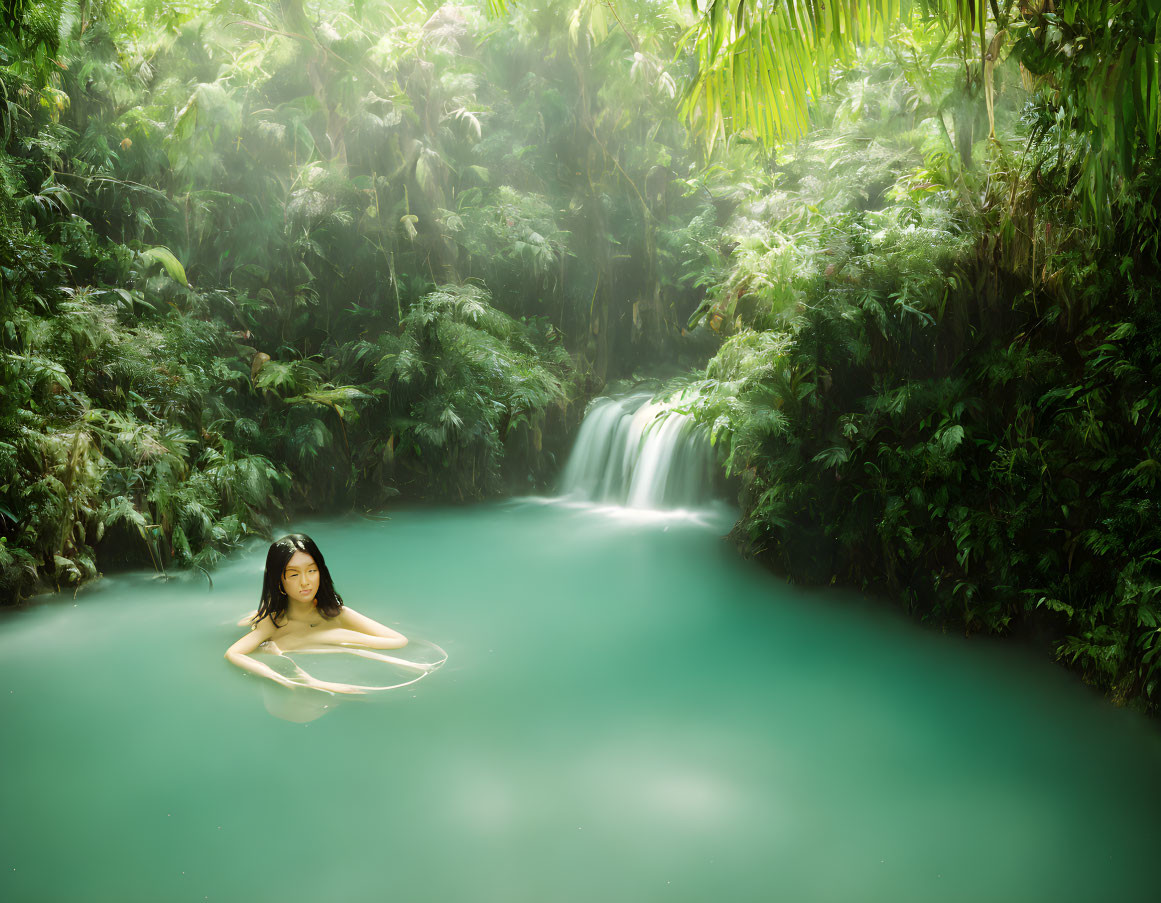 Tranquil Tropical Waterfall with Floating Woman