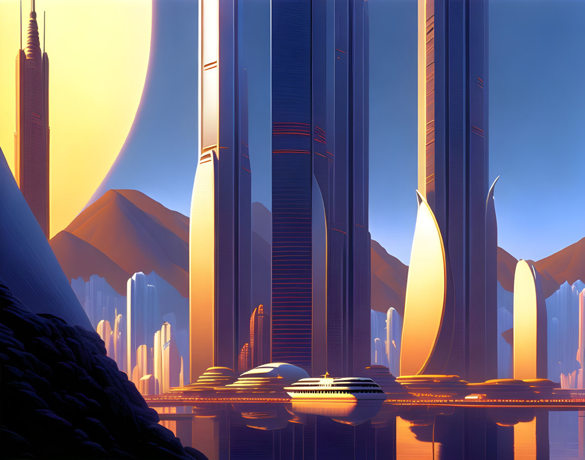 Futuristic cityscape with skyscrapers and sunset reflection