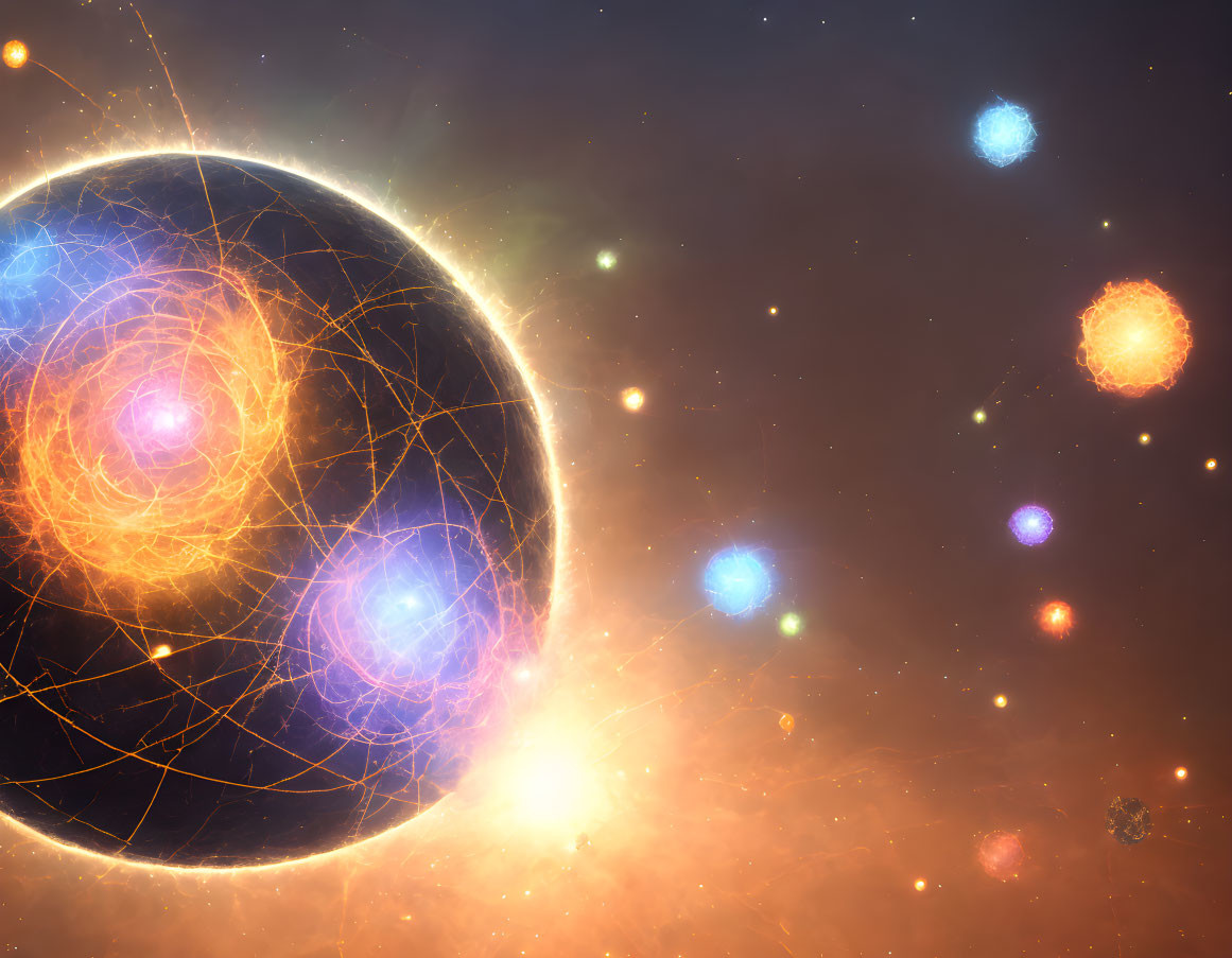 Colorful Cosmic Scene with Glowing Orbs and Interconnected Grids